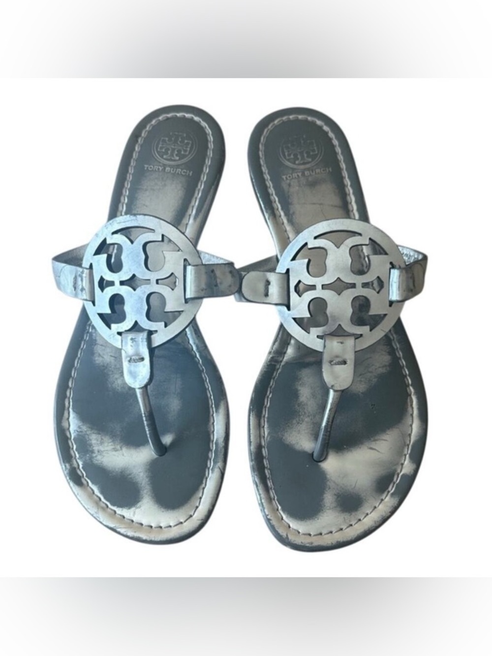 Tory Burch Miller Sandals Silver Metallic Finish Leather 8 Logo